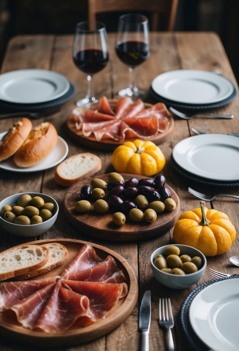 A rustic table set with a spread of Jamón Ibérico, olives, bread, and wine, evoking the essence of authentic Spanish cuisine