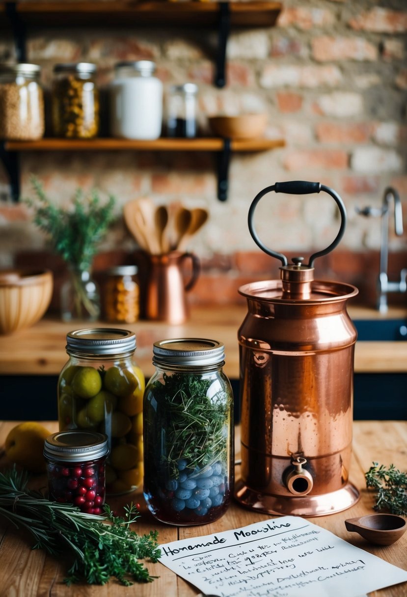 A rustic kitchen with jars of fruit and herbs, a copper still, and a handwritten recipe for homemade moonshine