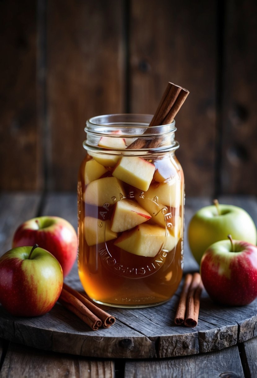 A mason jar filled with apple pie moonshine surrounded by fresh apples and cinnamon sticks on a rustic wooden table