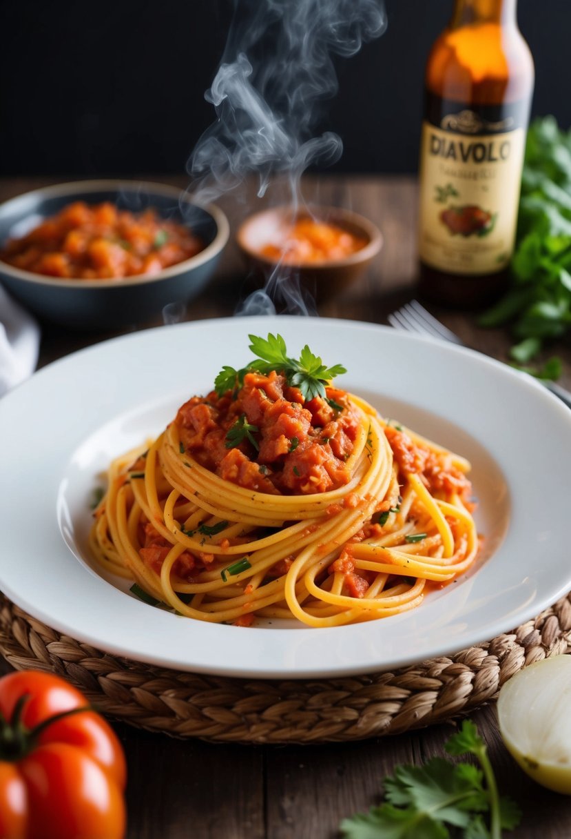 A steaming plate of classic Diavolo Marinara pasta with spicy tomato sauce and fresh herbs