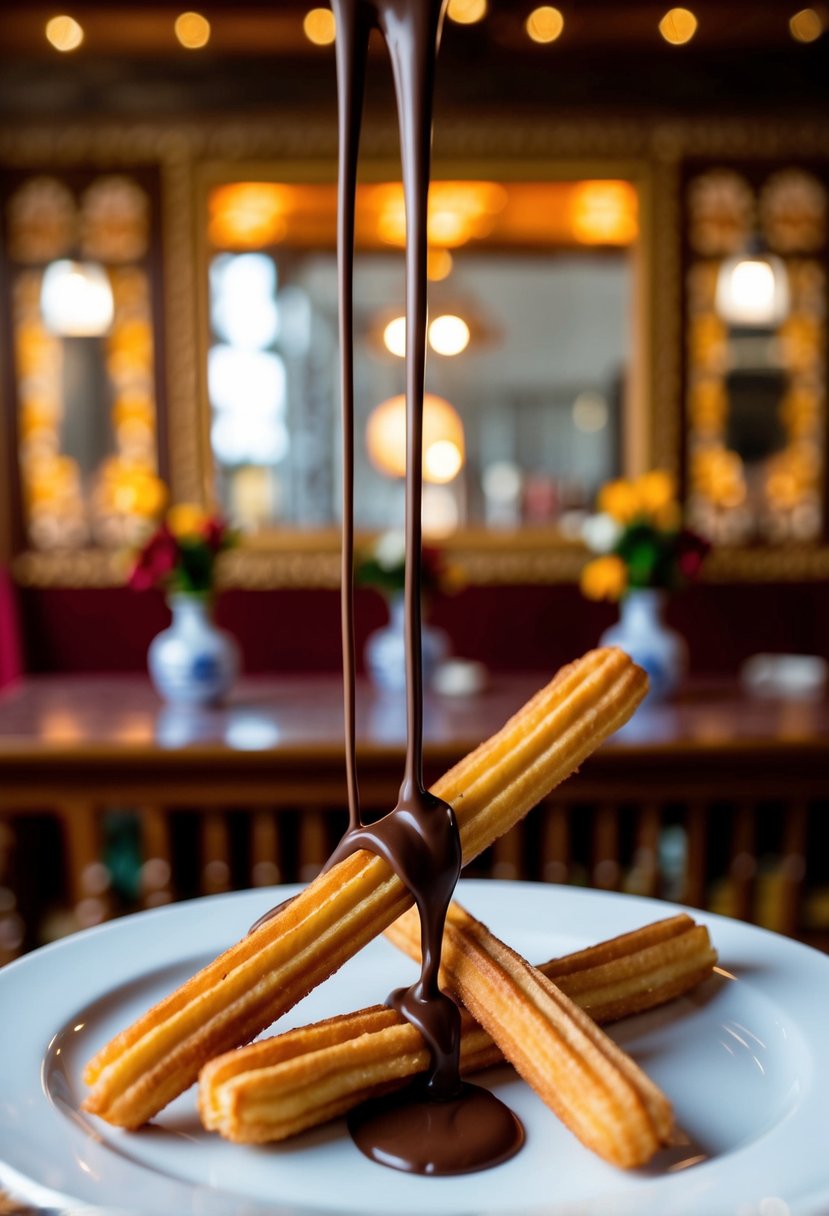 A plate of churros drizzled with rich, melted chocolate, set against a backdrop of traditional Spanish decor