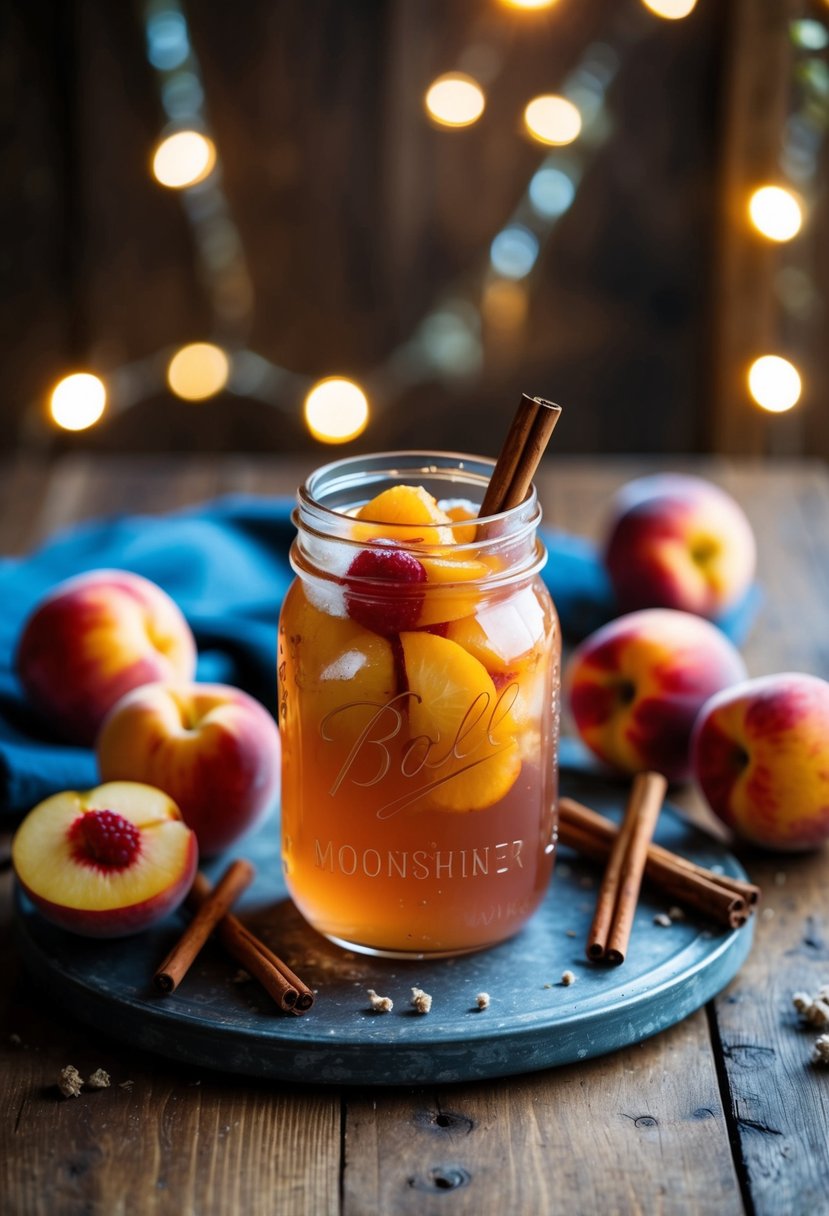 A mason jar filled with peach cobbler moonshine, surrounded by fresh peaches and cinnamon sticks on a rustic wooden table