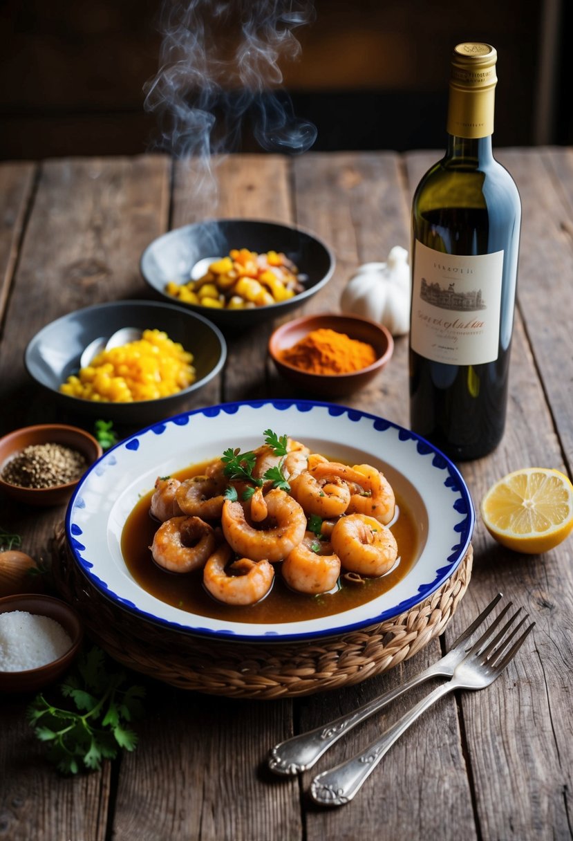 A rustic wooden table with a steaming plate of Pulpo a la Gallega, surrounded by traditional Spanish ingredients and a bottle of wine