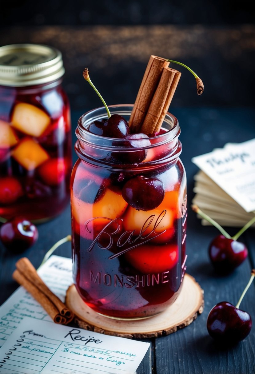 A mason jar filled with cherries, cinnamon sticks, and moonshine, surrounded by recipe cards and handwritten notes