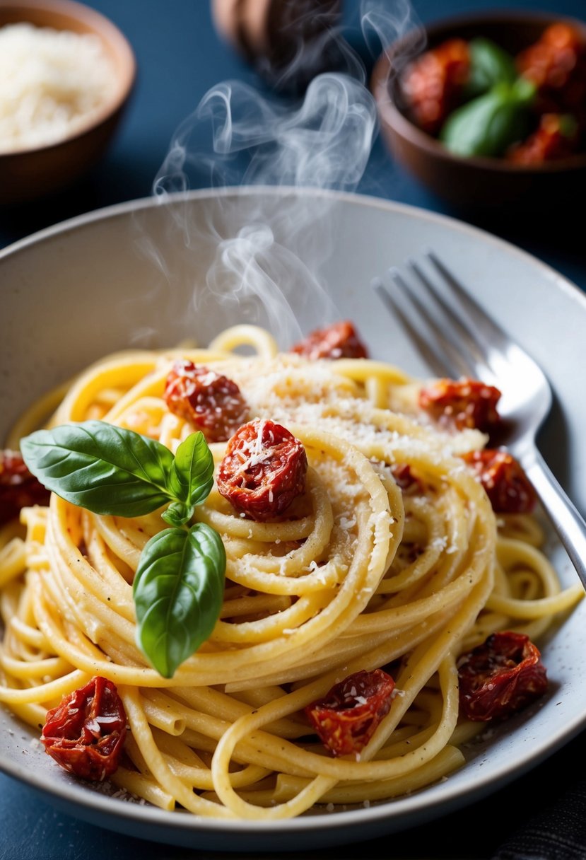 A steaming bowl of creamy Diavolo pasta with sun-dried tomatoes, garnished with fresh basil leaves and sprinkled with Parmesan cheese