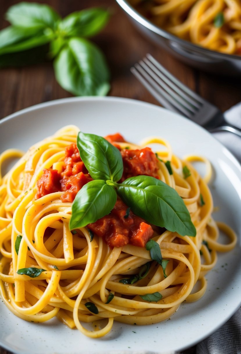 A steaming plate of lemon basil diavolo fettuccine with vibrant red sauce and fresh basil leaves