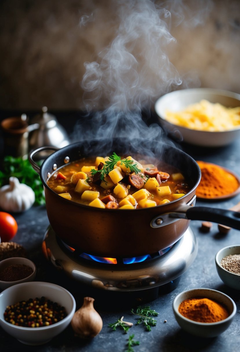 A steaming pot of Fabada Asturiana simmering on a rustic stove, surrounded by traditional Spanish ingredients and spices