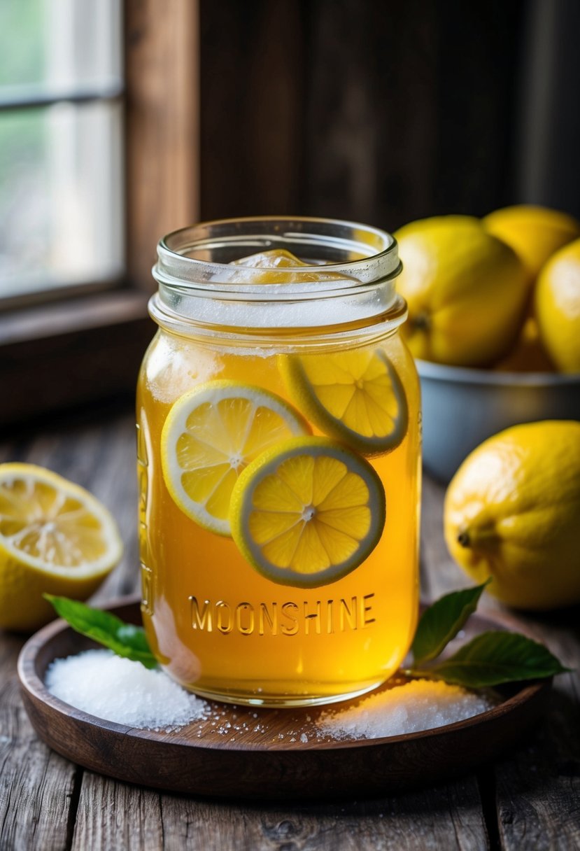 A mason jar filled with golden Lemon Drop Moonshine sits on a rustic wooden table, surrounded by fresh lemons and sugar