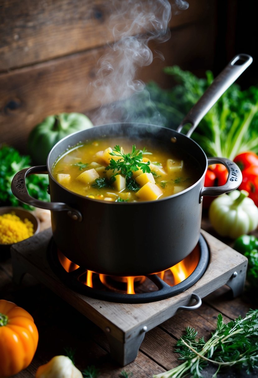 A steaming pot of Caldo Gallego simmers on a rustic wooden stove, surrounded by fresh vegetables and aromatic herbs