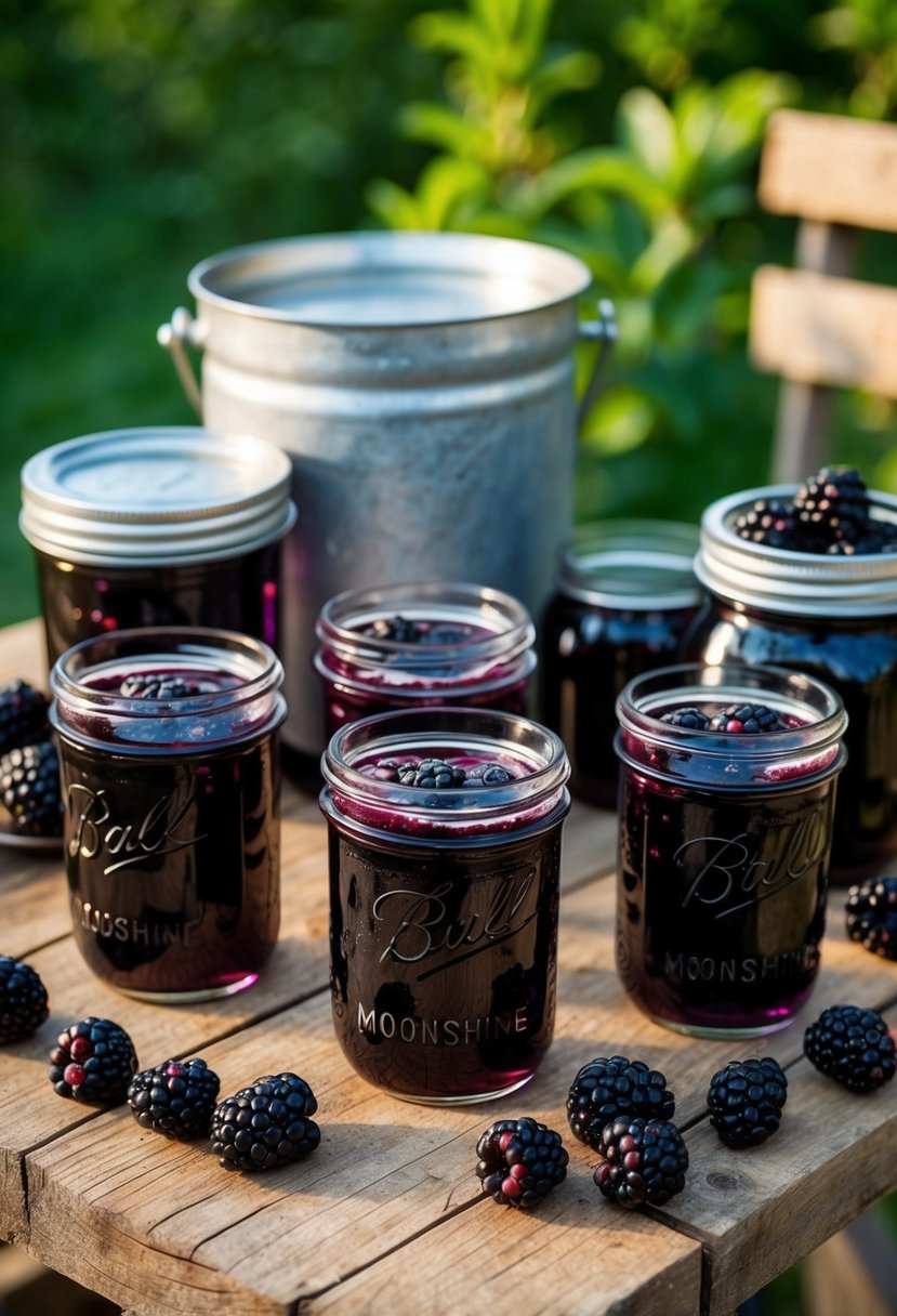 A rustic wooden table with mason jars filled with blackberry moonshine, surrounded by fresh blackberries and moonshine-making equipment