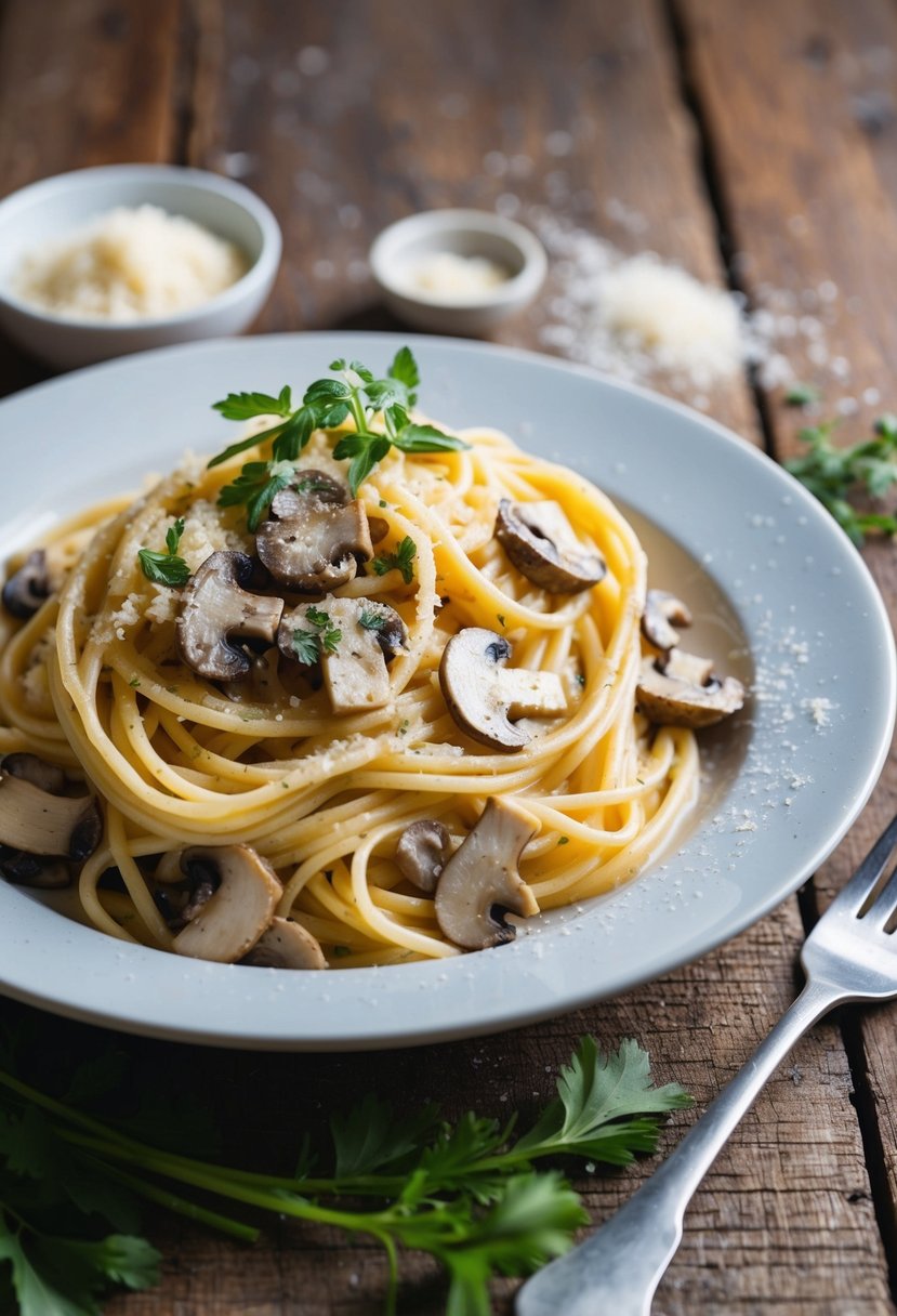 A steaming plate of mushroom diavolo alfredo pasta sits on a rustic wooden table, garnished with fresh herbs and grated parmesan cheese