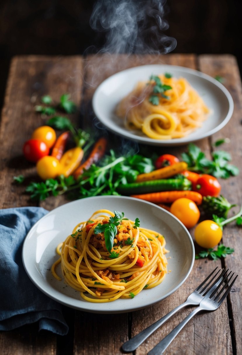 A steaming plate of zesty diavolo pasta surrounded by colorful roasted vegetables on a rustic wooden table