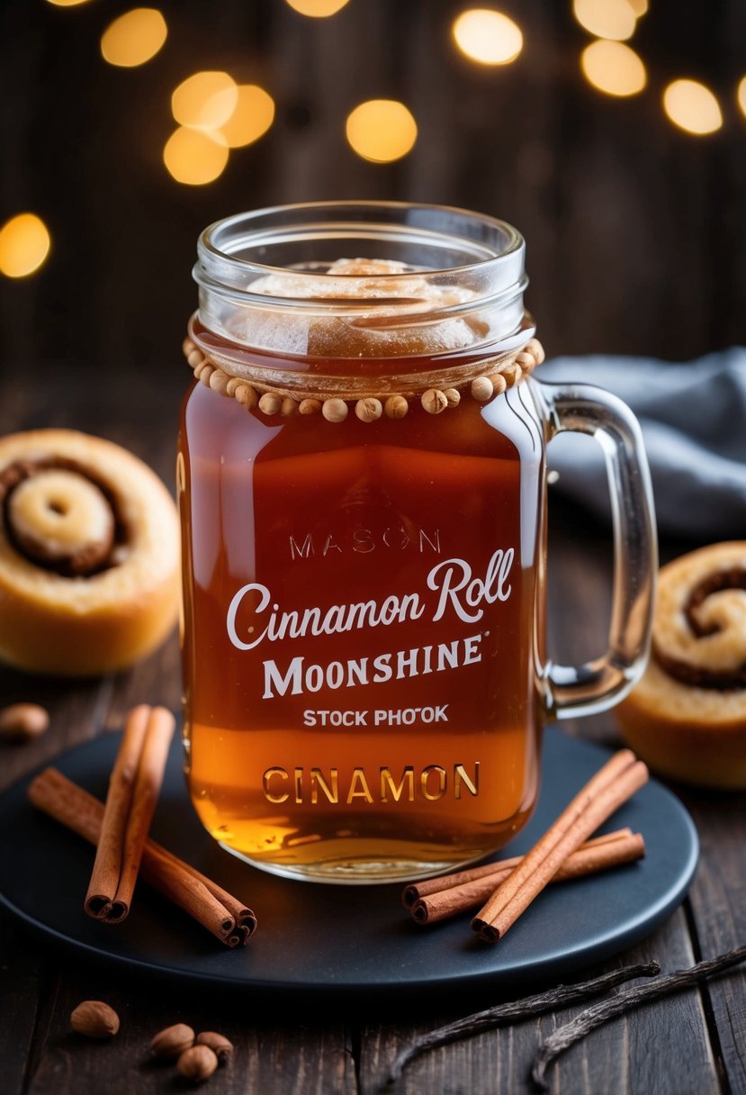 A mason jar filled with cinnamon roll moonshine surrounded by cinnamon sticks, vanilla beans, and a cinnamon roll