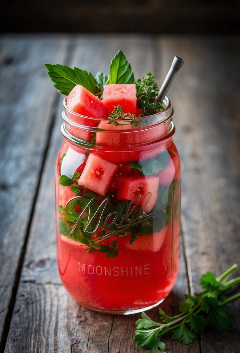 A mason jar filled with watermelon chunks, herbs, and moonshine, sitting on a rustic wooden table