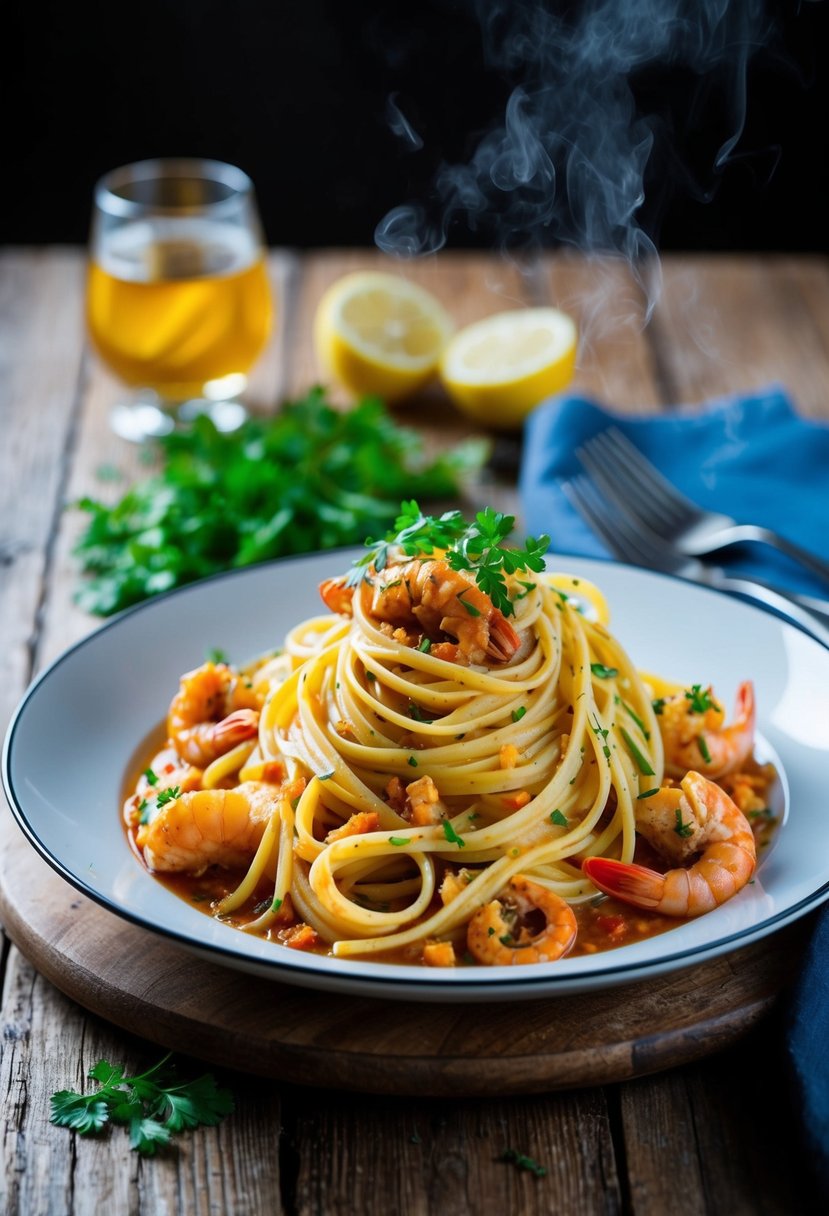 A steaming plate of linguine diavolo with a rich seafood sauce, garnished with fresh herbs and served on a rustic wooden table