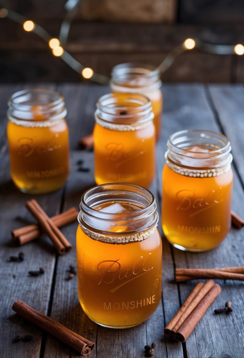 A rustic wooden table with mason jars filled with golden pumpkin spice moonshine, surrounded by cinnamon sticks and cloves