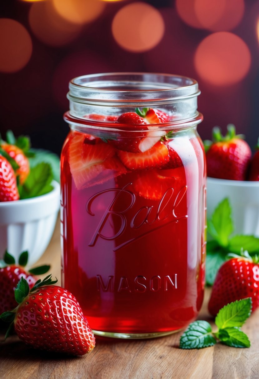 A mason jar filled with vibrant red liquid, surrounded by fresh strawberries and a sprig of mint