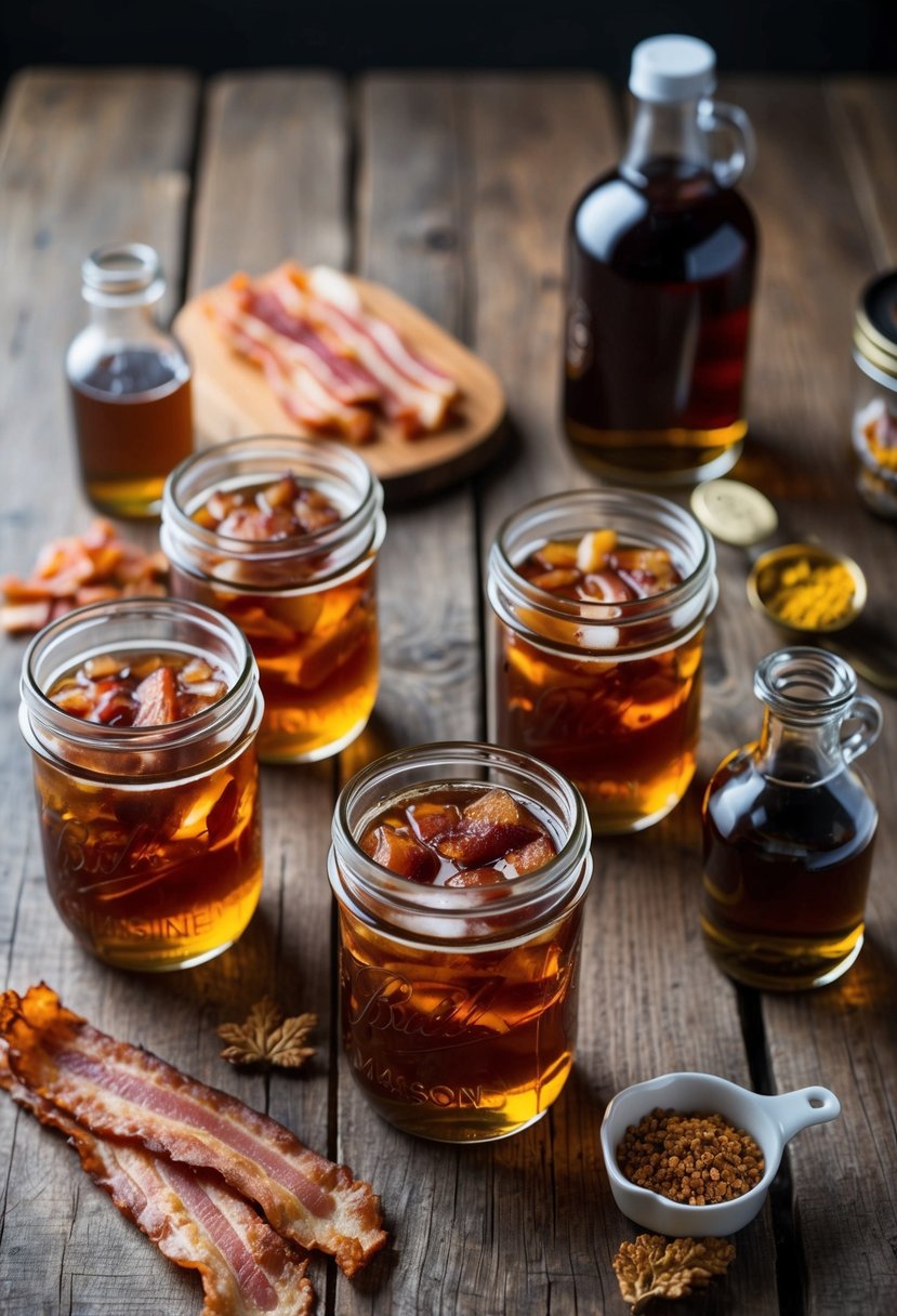 A rustic wooden table with mason jars filled with maple bacon moonshine, surrounded by ingredients like bacon strips, maple syrup, and moonshine bottles