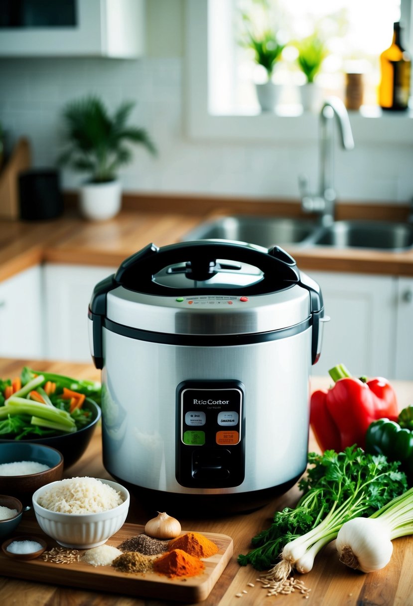 A rice cooker surrounded by various ingredients such as rice, vegetables, and seasonings on a kitchen countertop