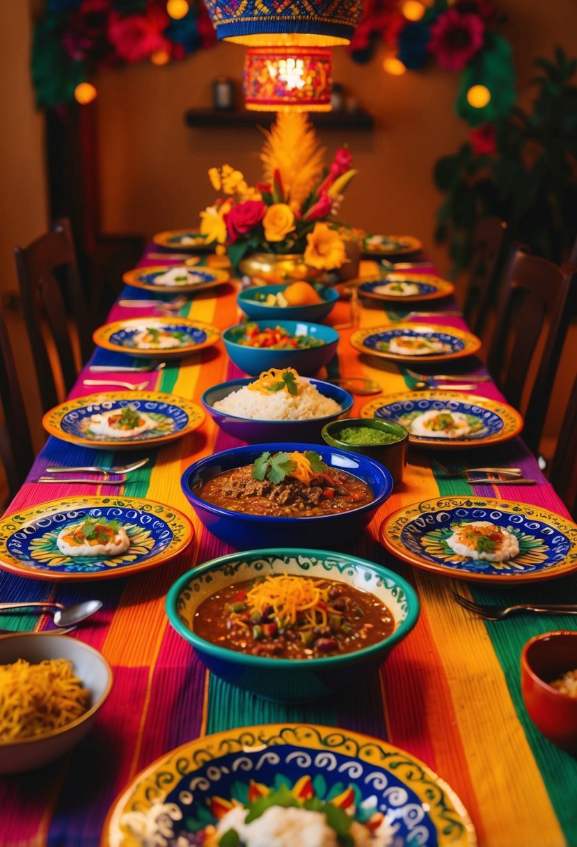 A colorful table set with traditional Mexican dishes and ingredients, surrounded by vibrant decorations and warm lighting