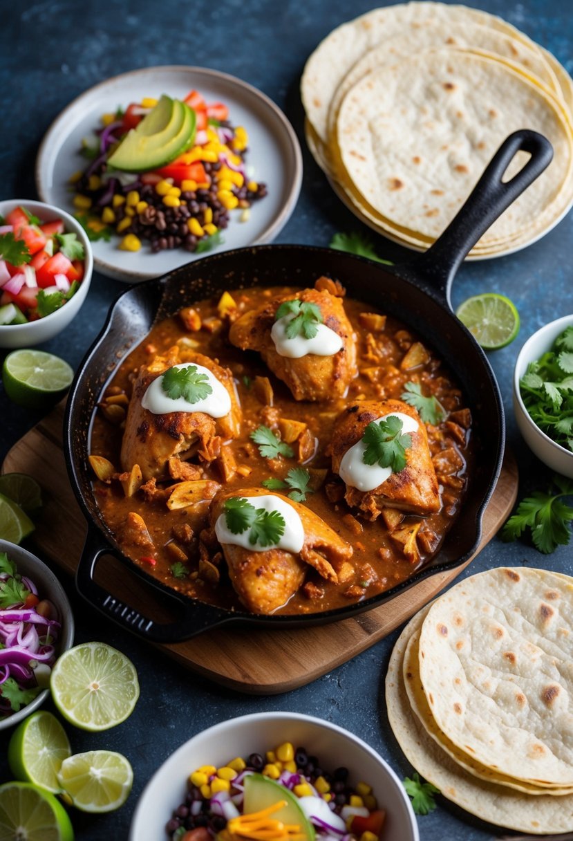 A sizzling skillet of Chicken Tinga, surrounded by colorful toppings and warm tortillas, ready to be assembled into delicious Mexican-style tacos