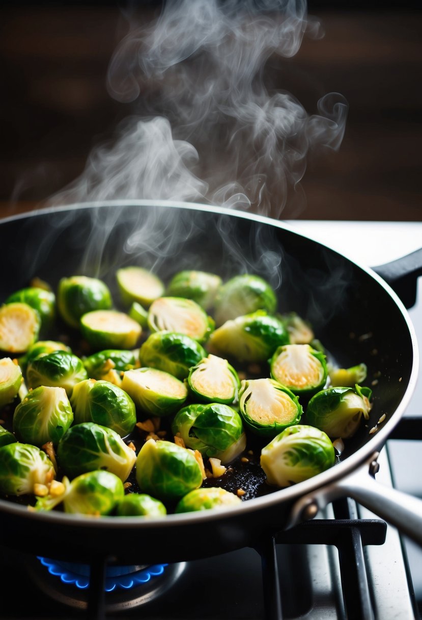 Brussel sprouts being sautéed in a skillet with garlic and olive oil, steam rising from the pan