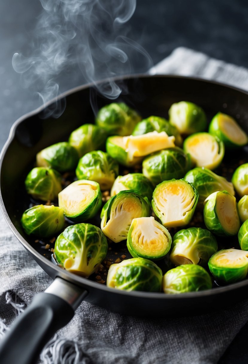 Brussel sprouts sizzling in a skillet with garlic butter, emitting a savory aroma