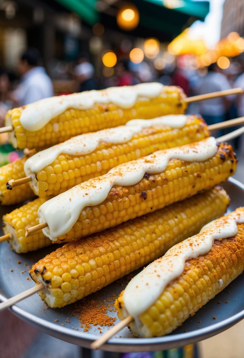 A cob of grilled elote covered in mayonnaise, cotija cheese, and chili powder, served on a stick at a bustling Mexican street food market