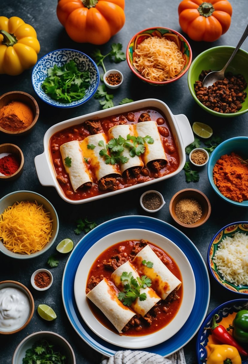 A table set with beef enchiladas in red sauce, surrounded by colorful Mexican-style dinner ingredients and spices