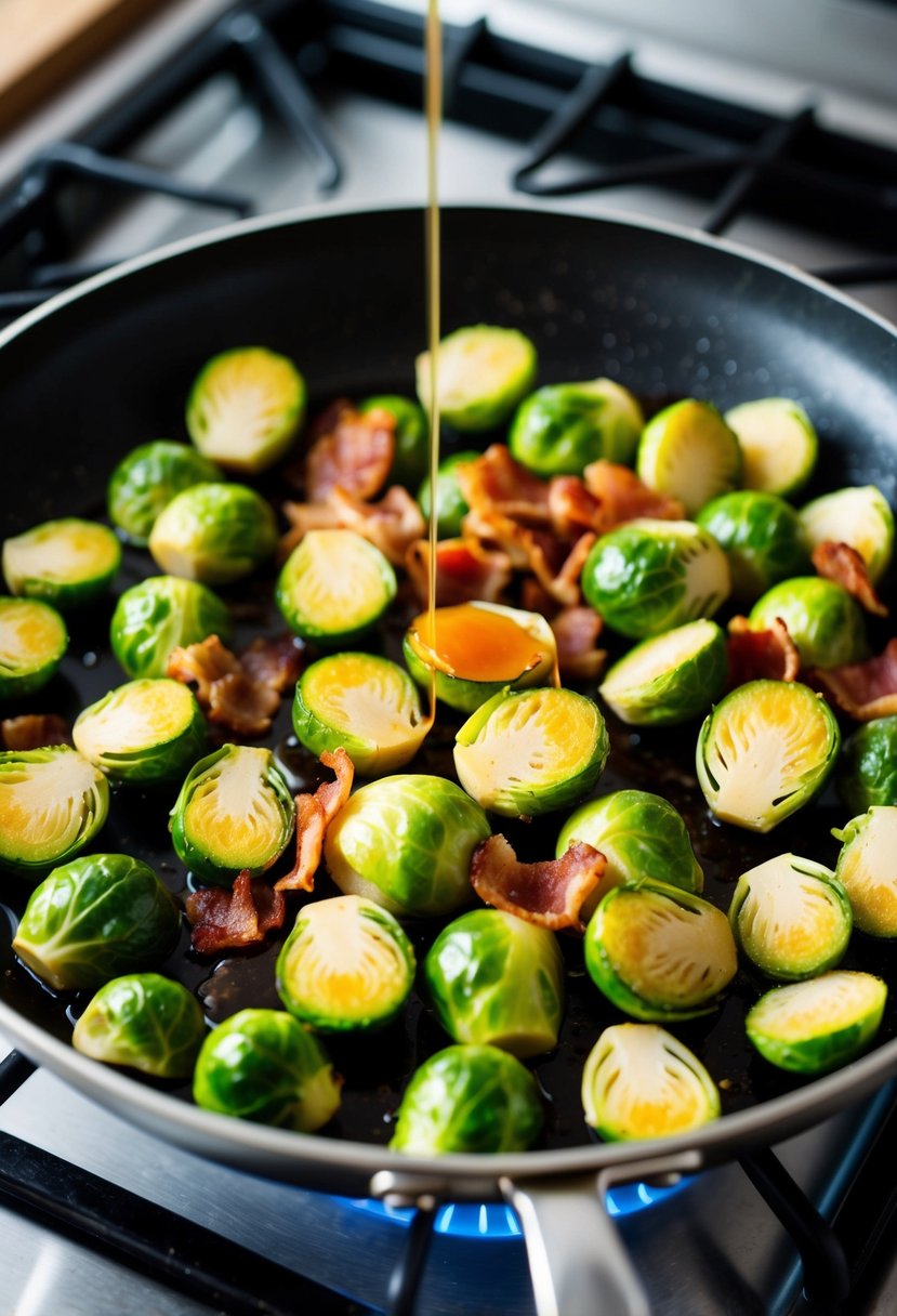 A skillet sizzling with halved brussel sprouts, crispy bacon, and drizzled with maple syrup on a stove top