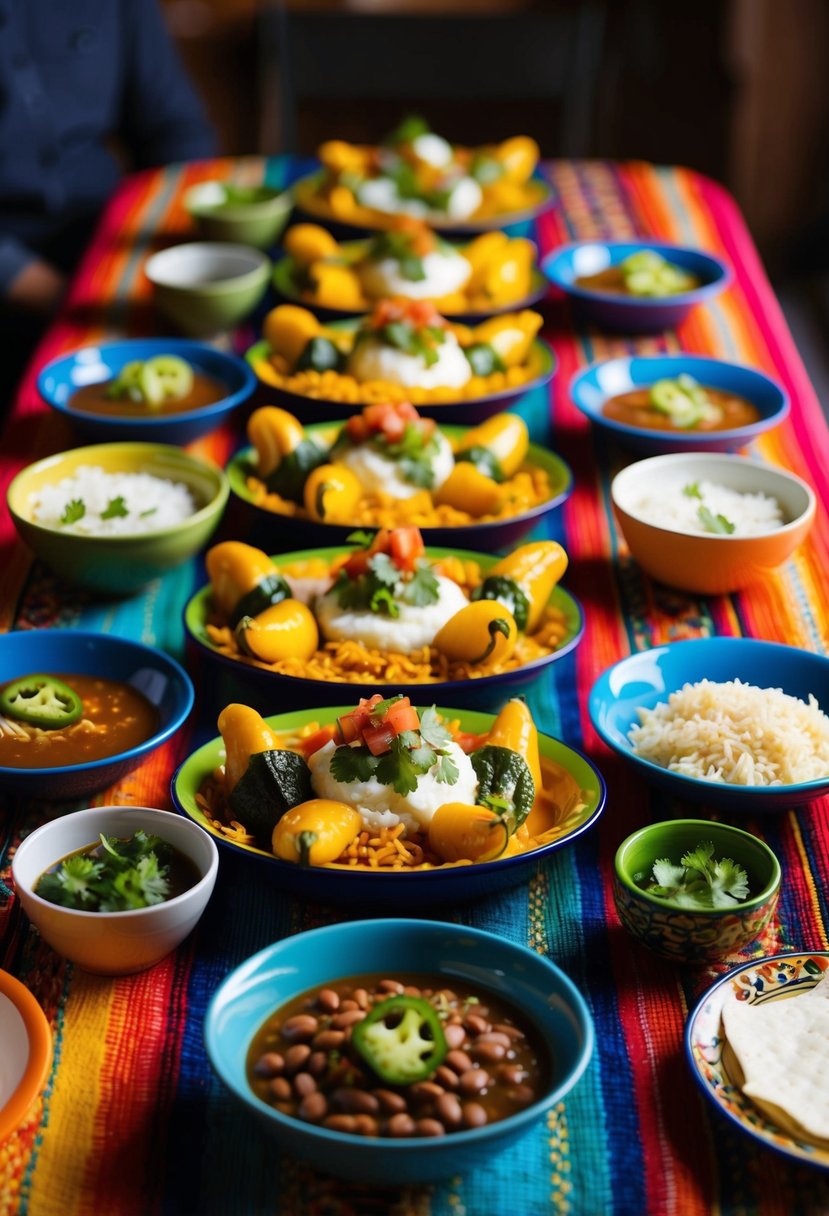 A colorful table spread with chiles rellenos, rice, beans, and salsa