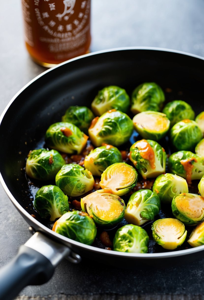 Brussel sprouts sizzling in a pan with sriracha honey glaze