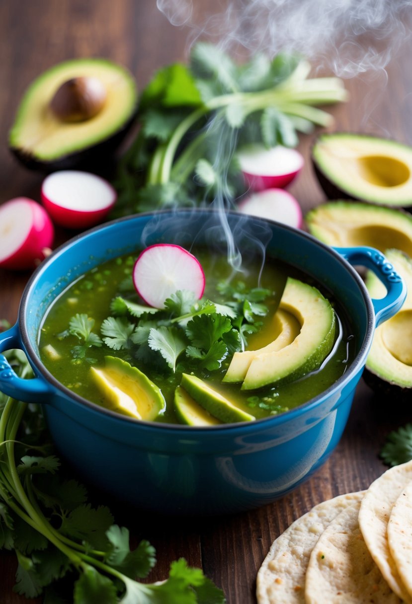 A steaming pot of pozole verde surrounded by fresh cilantro, sliced radishes, and avocado, with a side of warm tortillas