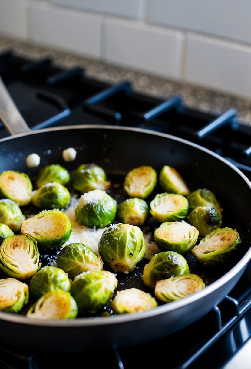 Brussel sprouts roasting in a skillet with parmesan cheese on a stove top