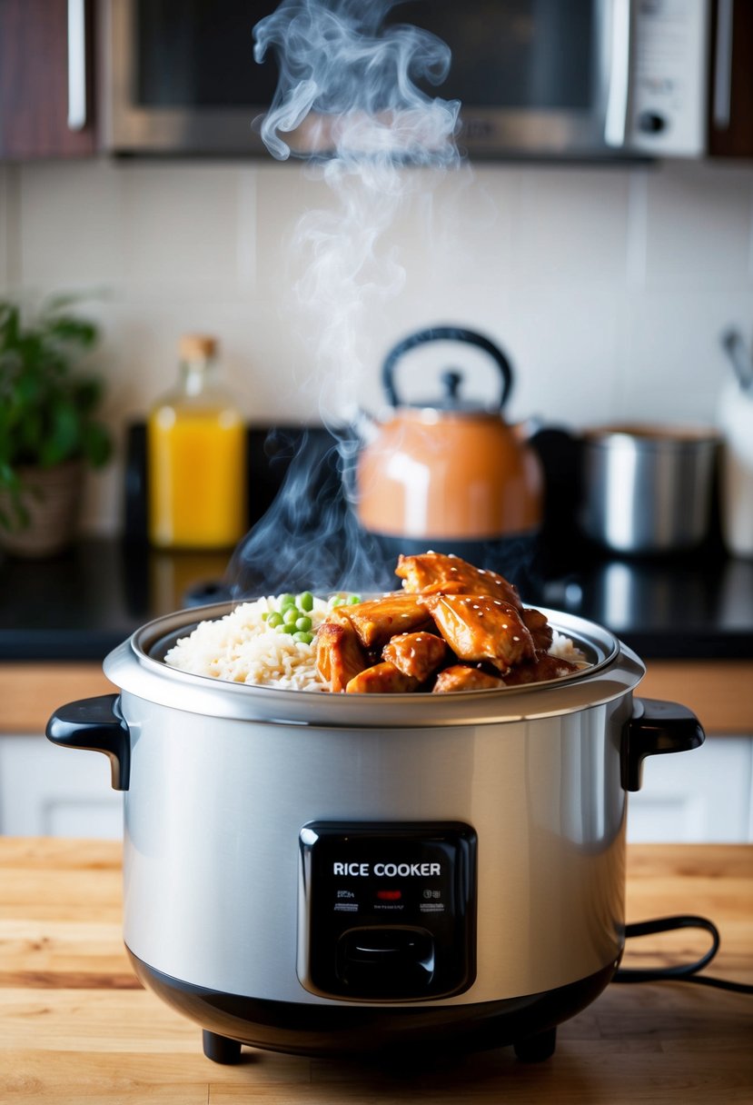 A rice cooker sits on a kitchen counter, filled with steaming teriyaki chicken and rice. The aroma wafts through the air