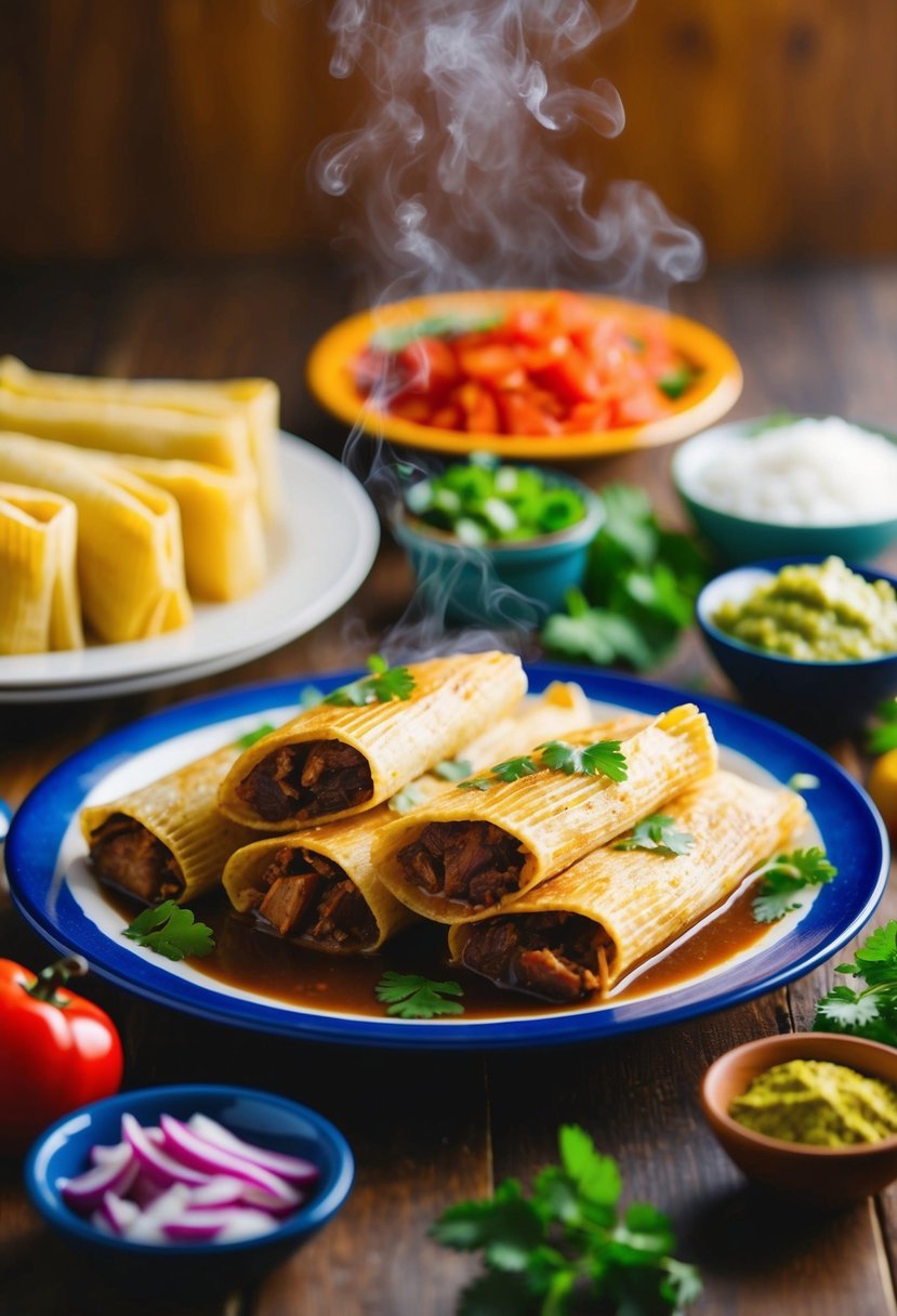 A steaming plate of pork tamales surrounded by colorful Mexican ingredients