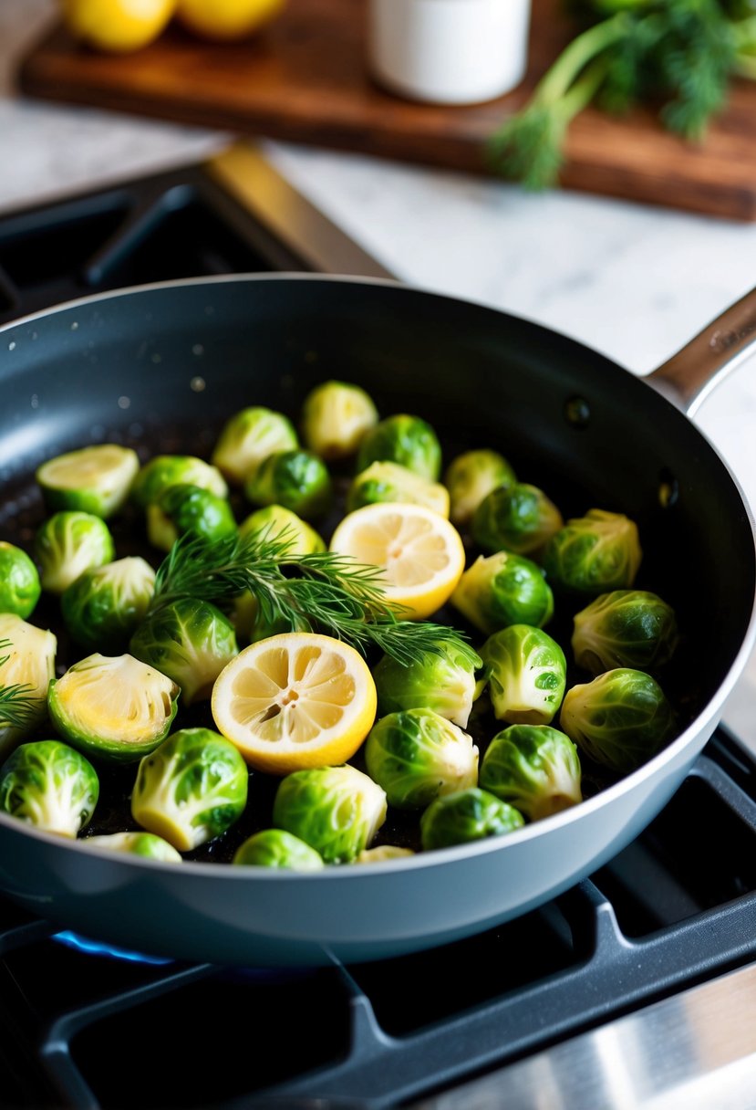 Brussel sprouts sizzling in a pan with lemon slices and dill on a stove top