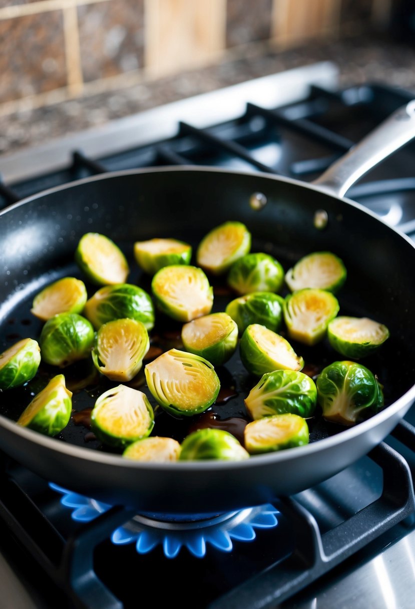 A skillet sizzling with halved brussel sprouts coated in balsamic glaze on a stove top