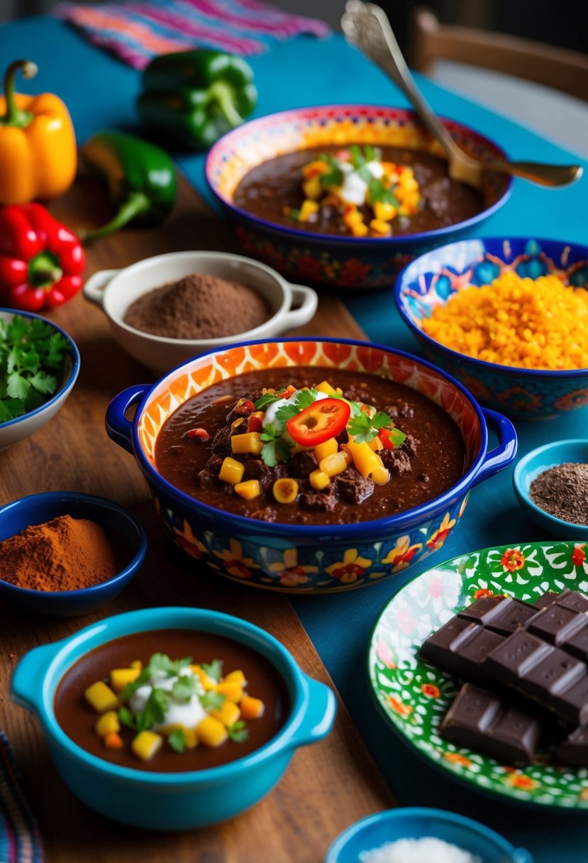 A table set with colorful ceramic dishes of Mole Poblano, surrounded by vibrant ingredients like chili peppers, chocolate, and spices