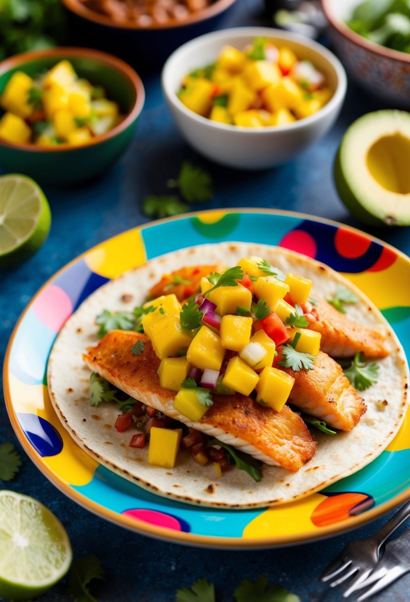 A colorful plate of fish tacos topped with vibrant mango salsa, surrounded by traditional Mexican dinner ingredients