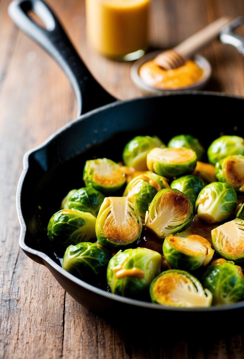 Brussel sprouts sizzling in a skillet with honey mustard glaze