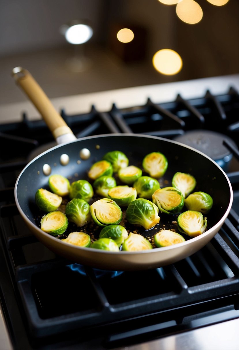 Soy garlic brussel sprouts sizzling in a pan on a stove top