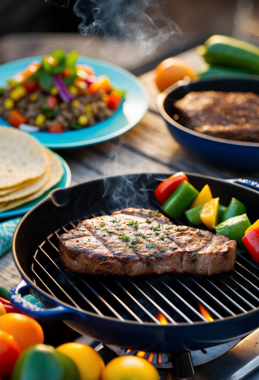 A sizzling grill cooks marinated steak, while colorful vegetables and tortillas wait nearby for a Mexican-style Carne Asada dinner