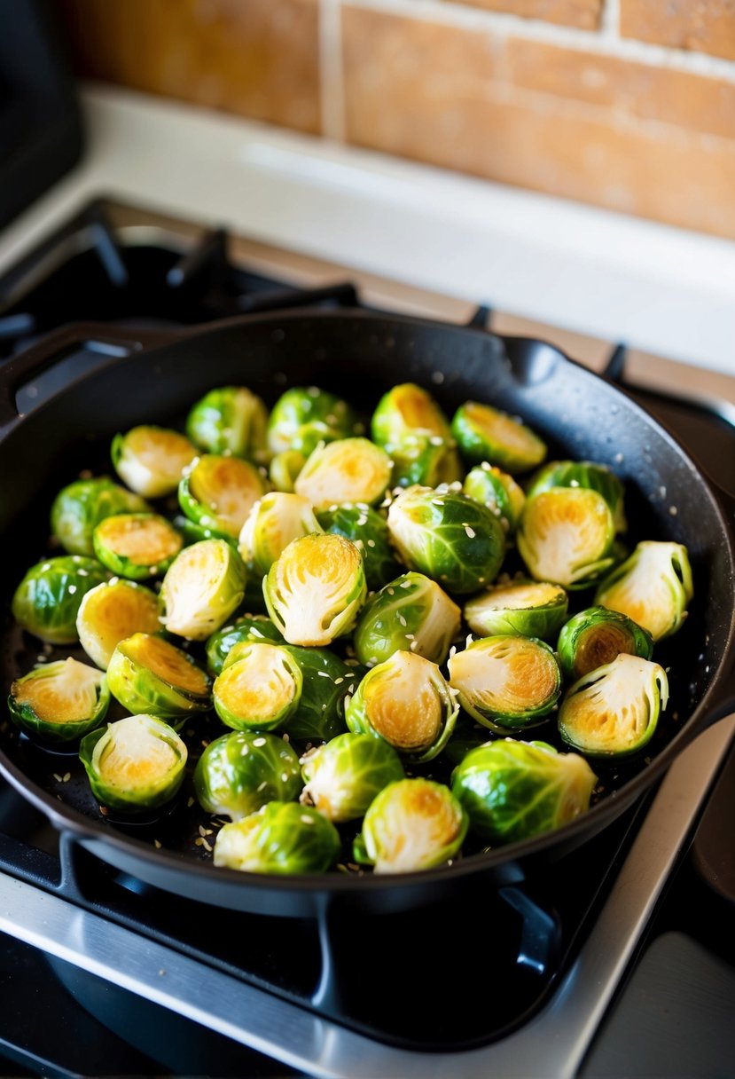 A sizzling skillet of crispy sesame Brussel sprouts on a stovetop