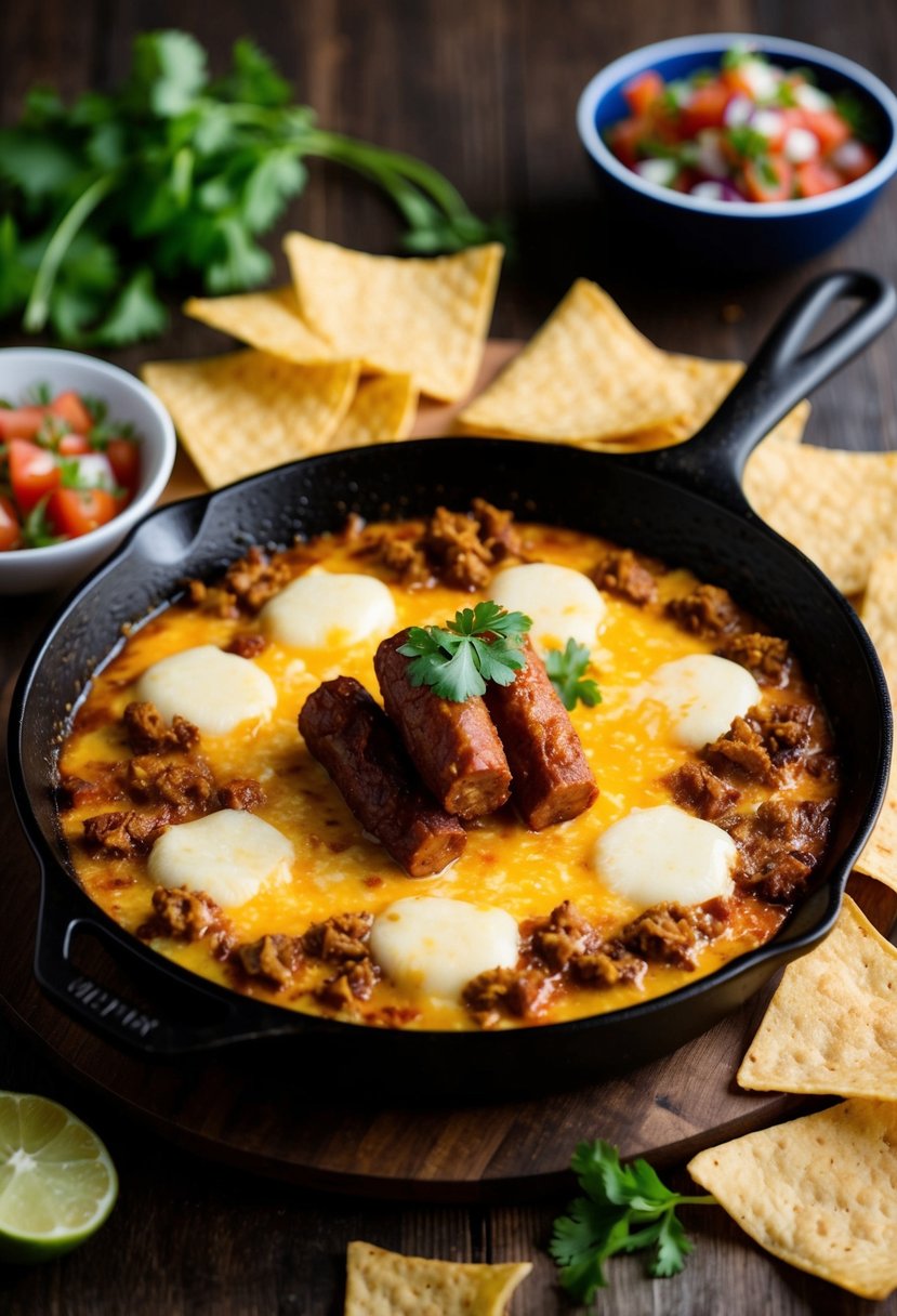 Melted cheese with chorizo sizzling in a cast iron skillet, surrounded by tortilla chips and fresh salsa