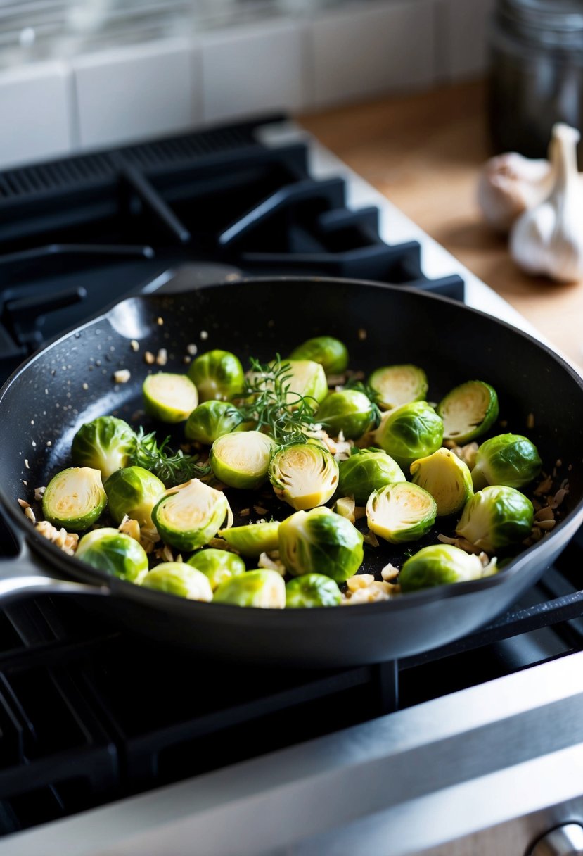 A skillet sizzling with brussel sprouts, garlic, and herbs on a stovetop