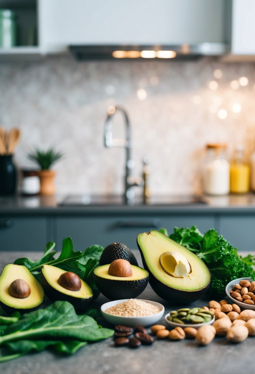 A kitchen counter with various keto-friendly ingredients such as avocados, leafy greens, nuts, seeds, and non-dairy alternatives