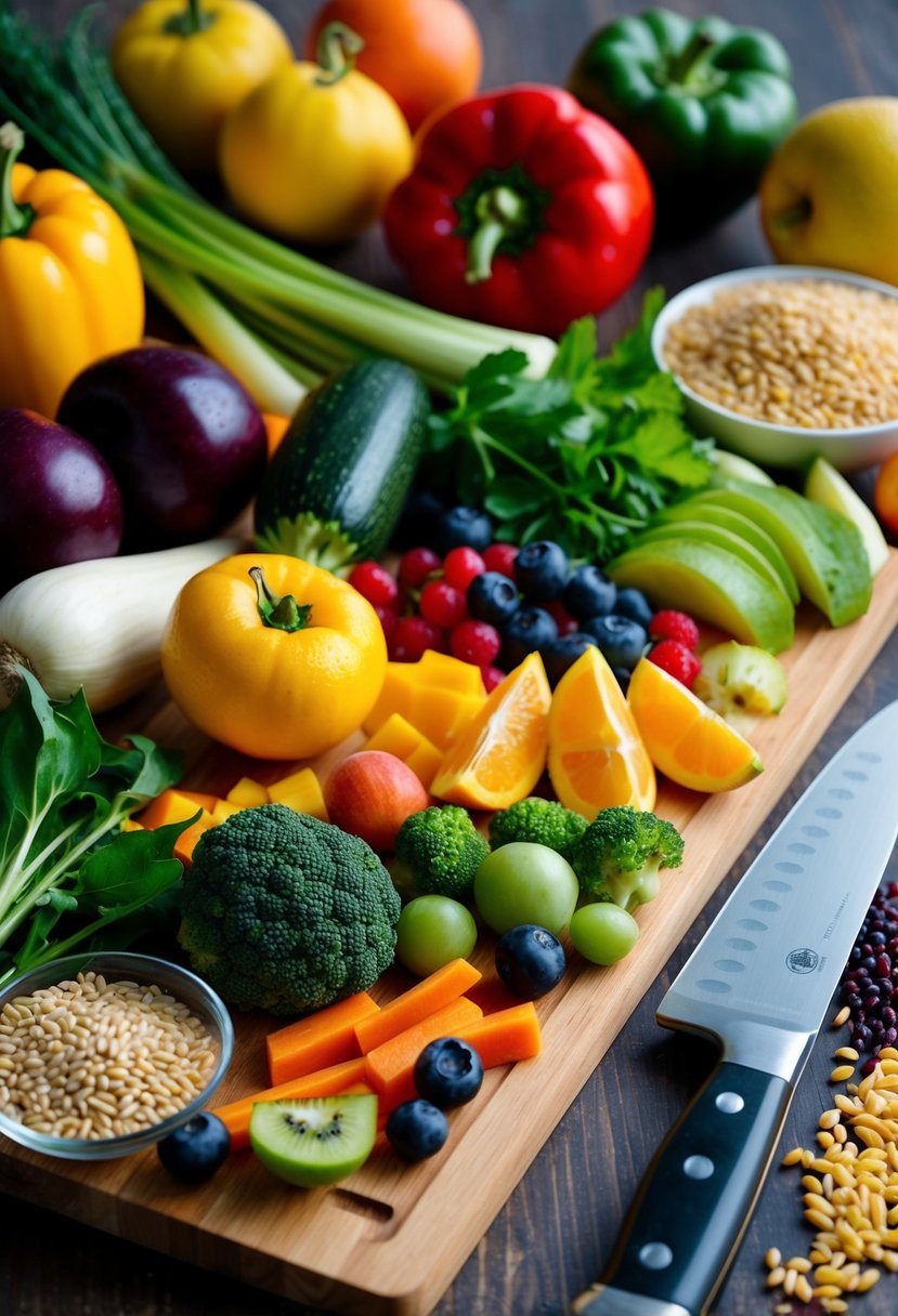 A colorful array of fresh vegetables, fruits, and grains arranged on a wooden cutting board, with a chef's knife beside them