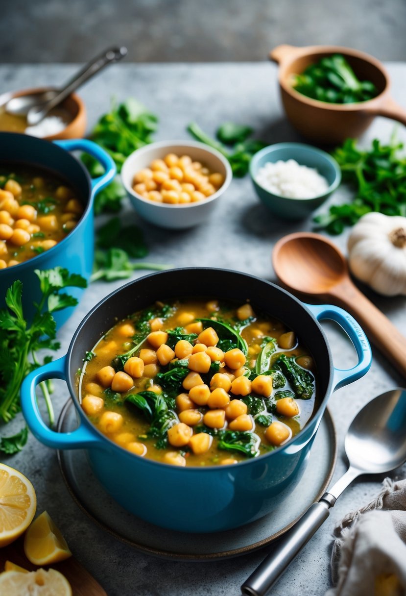 A bubbling pot of chickpea and spinach stew surrounded by fresh ingredients and cooking utensils on a rustic kitchen counter