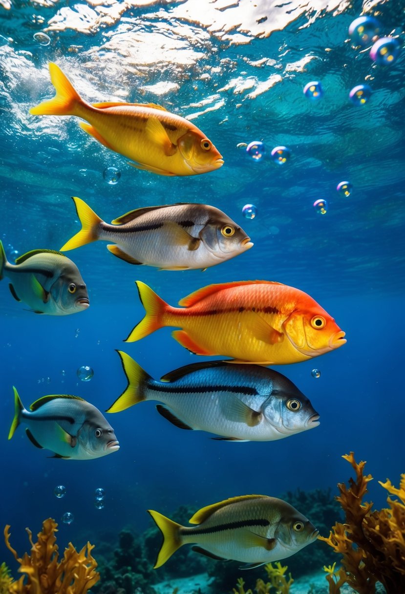 A group of colorful fish swimming in a clear, blue ocean, surrounded by vibrant seaweed and playful bubbles